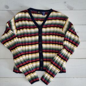 Vintage Liz Sport Colorful Cardigan  Classic Cotton Linen Stripe Sweater Preppy.